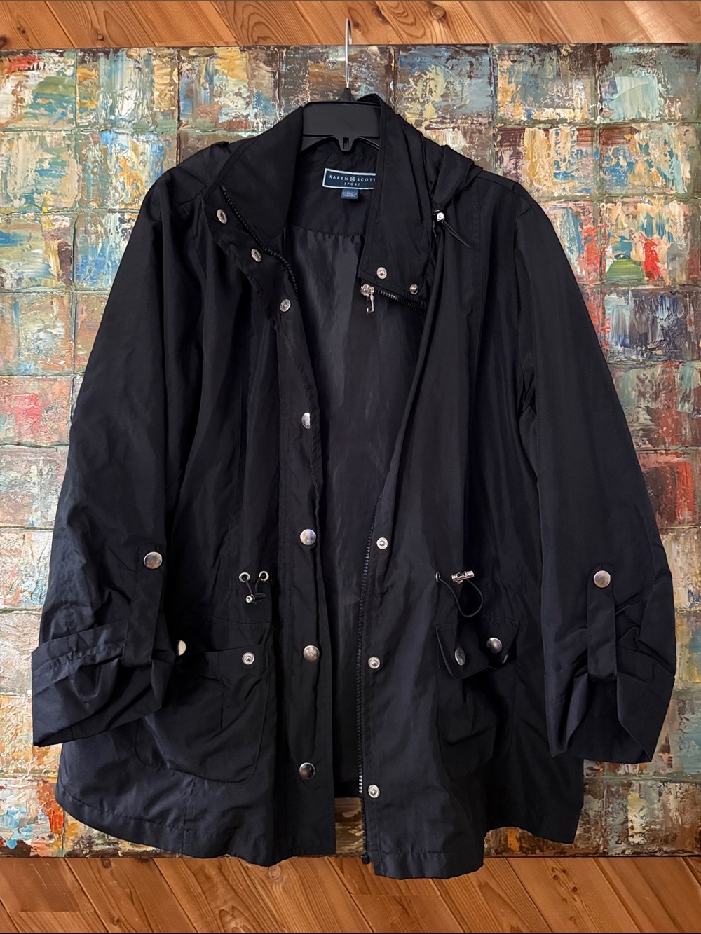Karen Scott Black Hooded Raincoat with Snap & Zip Front